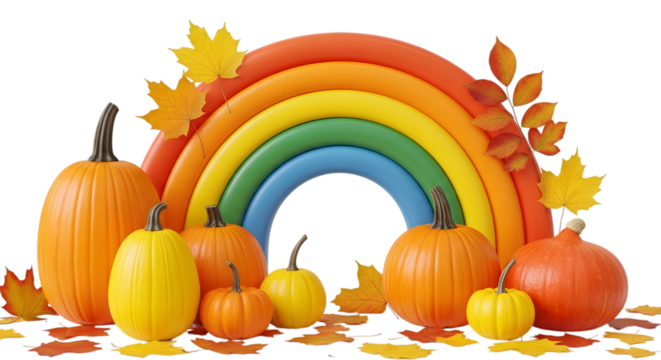 A vibrant rainbow arch behind a collection of assorted pumpkins and autumn leaves, isolated on transparent background