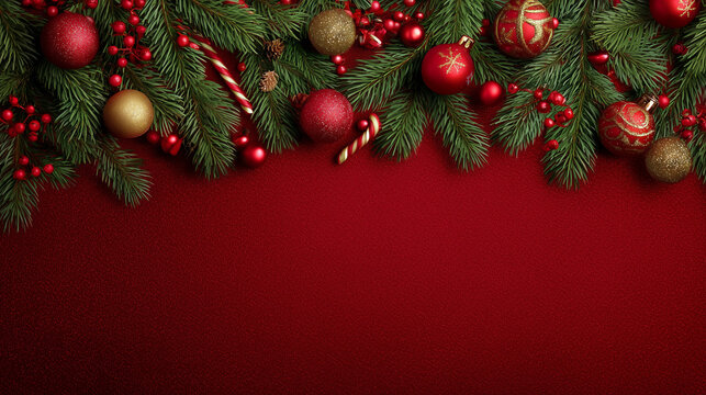 Decoración navideña con ramas verdes, bolas rojas y doradas, caramelos y bayas, ideal para tarjetas festivas, diseño estacional o ambientación visual de celebraciones tradicionales. Navidad fondo
