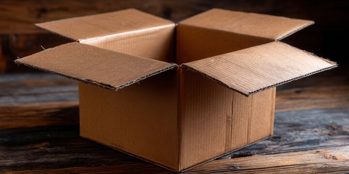 An open cardboard box with flaps extended sits on a wooden background.