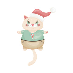 A festive cartoon illustration of a cheerful cat dressed in holiday attire: Santa hat, green shirt with a candy cane, and beige pants. Designed in a cute flat style, 