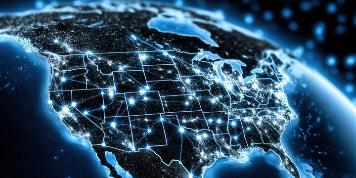 The united states is shown illuminated at night, highlighting city networks with a blue glow.