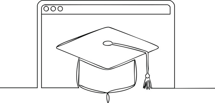 A modern continuous line illustration features a graduation cap in front of a web browser, symbolizing online education, academic success, and digital learning platforms.