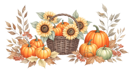 Autumn harvest basket filled with pumpkins, sunflowers, and fall leaves, isolated on transparent background