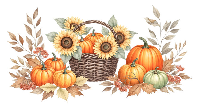 Autumn harvest basket filled with pumpkins, sunflowers, and fall leaves, isolated on transparent background