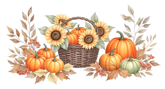Autumn harvest basket filled with pumpkins, sunflowers, and fall leaves, isolated on transparent background