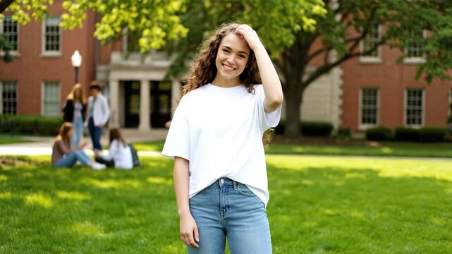 Young woman with curly hair wearing white t shirt and blue jeans standing green grass front of university building, relaxed and cheerful atmosphere, students socializing background, outdoor campus