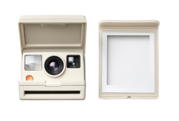 Beige instant camera, open and closed
