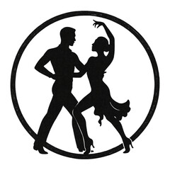 Black silhouette of a dancing couple enclosed in a circular border. The man stands with hands on hips, and the woman poses with a raised arm and flowing dress.