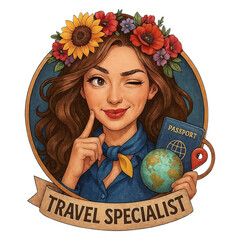 Illustrated design of a winking woman with wavy brown hair, a floral crown, and travel items, including a passport, globe, and red location pin.