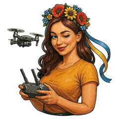 Stylized illustration of a woman with long brown hair, a floral crown, and ribbons, holding a drone controller with a hovering drone on a black background.
