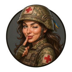 Stylized depiction of a woman in camouflage uniform with red cross symbols, winking and gesturing, featuring a blue and yellow ribbon on her helmet.