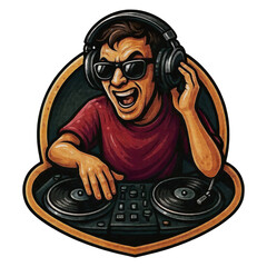 Stylized depiction of a DJ in a red shirt, wearing sunglasses and headphones, framed by a golden circular border on a dark background.