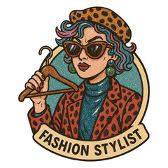 Stylized illustration of a woman with blue and purple hair, leopard print beret, sunglasses, and a polka dot blazer holding a wooden hanger.