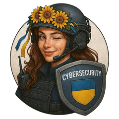 Stylized illustration of a woman in tactical gear with sunflowers, ribbons, and a shield labeled CYBERSECURITY featuring the Ukrainian flag.