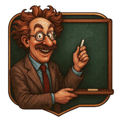 Illustration of a lively professor with wild hair and round glasses holding chalk, gesturing at a green chalkboard framed in wood with a chalk tray.