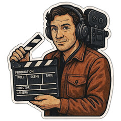 Stylized illustration of a filmmaker holding a clapperboard, wearing headphones and a brown jacket, with a vintage film camera on their shoulder.