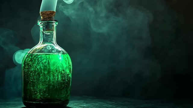 Mysterious green potion in smoking glass bottle on dark background