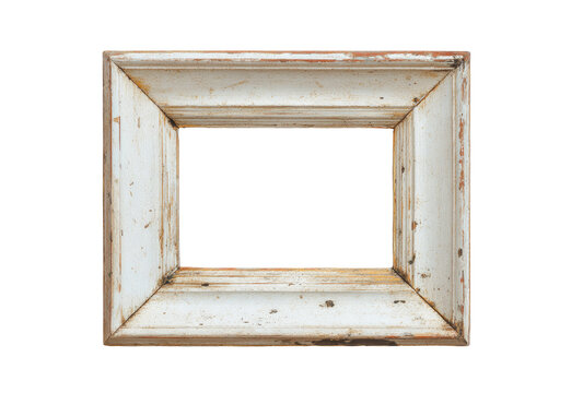 Aged, off-white wooden picture frame, rectangular shape, displaying signs of wear and time