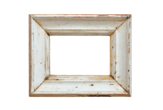 Aged, off-white wooden picture frame, rectangular shape, displaying signs of wear and time
