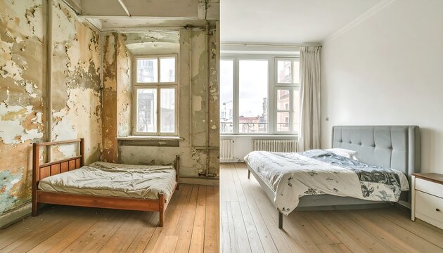 Interior of a room undergoing renovation, showing a stark contrast between the dilapidated and the renovated sections