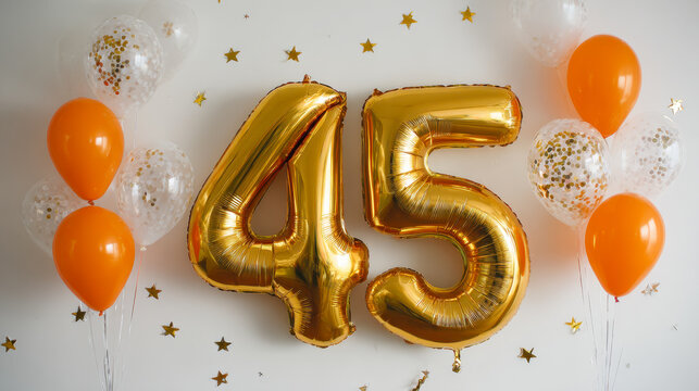 Gold foil number balloons displaying 45 surrounded by orange and confetti-filled transparent balloons with scattered gold star decorations on white wall background - Powered by Adobe