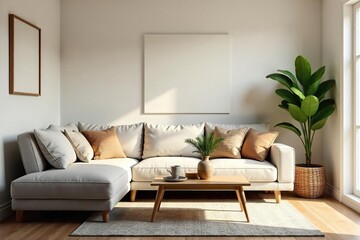 Cozy living room with a comfy couch, simple decor, and natural light streaming through a window Perfect for relaxation and quiet time at home , apartment, tidy, room