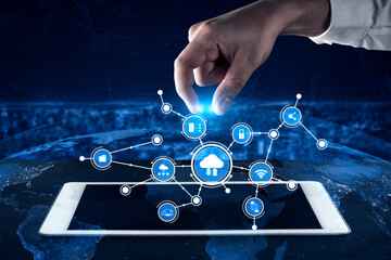 A creative representation of digital connectivity, featuring a hand engaging with a cloud network over a tablet, symbolizing modern technology integration and data security. Tessel