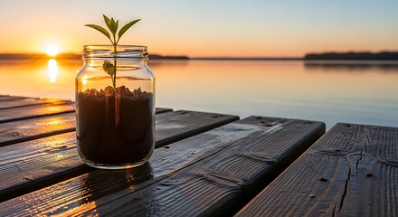 Plant Growing in Jar on Dock at Sunset