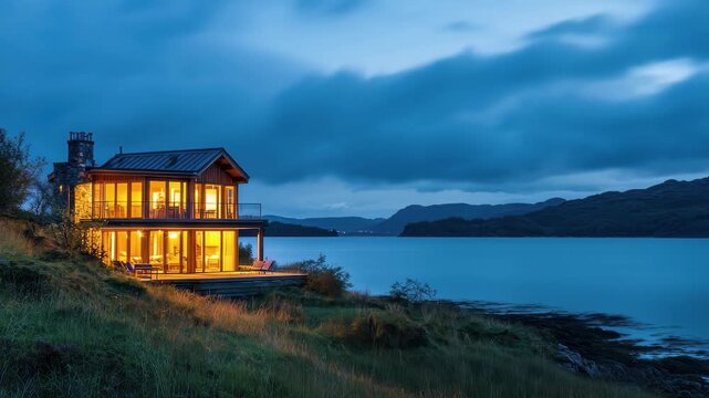 Elevated house with warm glow overlooks serene landscape at twilight near Scottish coast, Elevated house illuminated at twilight overlooks scenic Sound of Mull Scotland