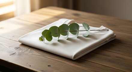 Folded Shirt with Eucalyptus on Wooden Table