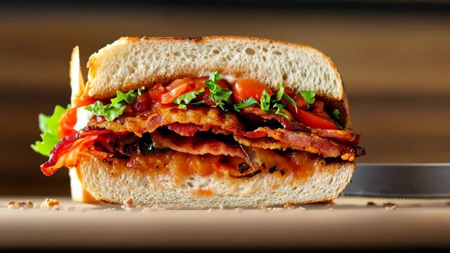 Juicy blt sandwich stack with crispy bacon and fresh greens in motion