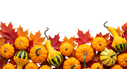 A border of assorted pumpkins and gourds with vibrant red and orange maple leaves, isolated on a transparent background for a festive autumn display