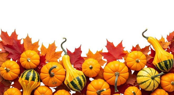 A border of assorted pumpkins and gourds with vibrant red and orange maple leaves, isolated on a transparent background for a festive autumn display
