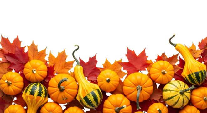 A border of assorted pumpkins and gourds with vibrant red and orange maple leaves, isolated on a transparent background for a festive autumn display