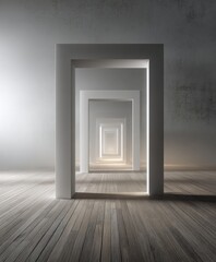 Fototapeta premium A series of white doorways leading to a light