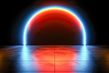 Obraz premium Futuristic neon sunset over reflective surface with vibrant red and blue glow