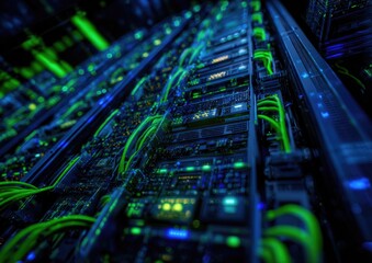 Close-up server racks illuminated with vibrant green and blue lights