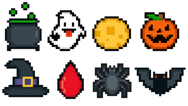 Pixel art Halloween icons set including pumpkin, ghost, cauldron, bat, spider, witch hat, blood drop and full moon. Perfect for spooky themed holiday decorations, stickers, games, and digital projects