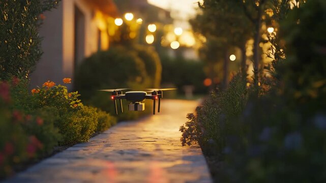A drone gracefully glides through a picturesque garden path, capturing the beauty of the surrounding environment during the serene and colorful moments of sunset, showcasing its technology and design