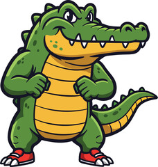 Obraz premium A cartoon alligator with green skin, yellow belly and red shoes standing on a white background smiling