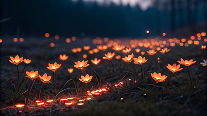Field of slow-floating glowing embers on dark background, depth of field focus