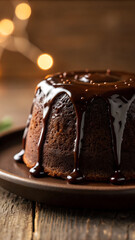 Molten dark chocolate ganache slowly cascading over a round chocolate lava cake, creating glossy drips down the sides, with warm candlelight ambiance