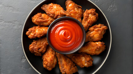 Spicy sriracha sauce swirled dramatically over a plate of fried chicken wings, vibrant red color contrasting with crispy golden brown skin
