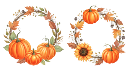 Two decorative autumn wreaths featuring pumpkins, sunflowers, and fall leaves, creating a warm and inviting seasonal display isolated on transparent background