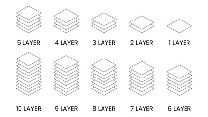 Layers icon set. Layer 1, 2, 3, 4, 5, 6, 7, 8, 9, 10. Logo layers, levels, tiers, sheets icons. Fabric floor layers symbol absorbent of material stack vector. Surface levels technology for business.
