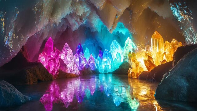 The mesmerizing crystal cave captivates colorful formations glimmering reflections showcasing natures artistry and evoking feelings of wonder, peace and tranquility in those fortunate enough to visit