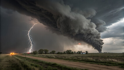a dramatic thunderstorm with a massive, dark cloud and bright lightning illuminating the sky, over a rural landscape