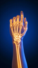 a human hand with a glowing, translucent skeleton superimposed over the skin, set against a dark blue background