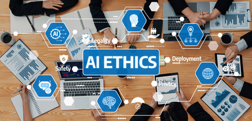 A dynamic team engages in a thoughtful discussion about AI ethics, highlighting vital aspects such as privacy, safety, and legality within a modern business context. Amity