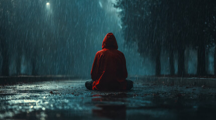 Person sitting alone in the rain under a streetlight in a dark, rainy park at night
